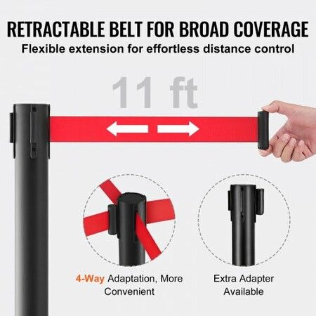 Crowd Control Stanchions 2-Pack Crowd Control Barriers Carbon Steel Baking Painted Stanchion Queue Post with 11FT Red Retractable Belt Belt Barriers