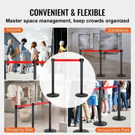 Crowd Control Stanchions 2-Pack Crowd Control Barriers Carbon Steel Baking Painted Stanchion Queue Post with 11FT Red Retractable Belt Belt Barriers