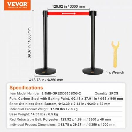 Crowd Control Stanchions 2-Pack Crowd Control Barriers Carbon Steel Baking Painted Stanchion Queue Post with 11FT Red Retractable Belt Belt Barriers