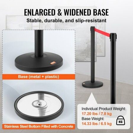 Crowd Control Stanchions 2-Pack Crowd Control Barriers Carbon Steel Baking Painted Stanchion Queue Post with 11FT Black Retractable Belt Belt Barriers