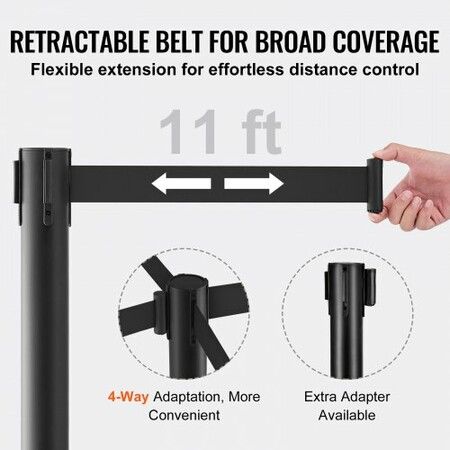 Crowd Control Stanchions 2-Pack Crowd Control Barriers Carbon Steel Baking Painted Stanchion Queue Post with 11FT Black Retractable Belt Belt Barriers