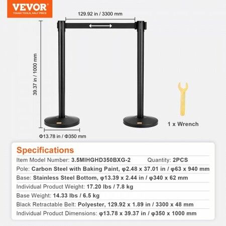 Crowd Control Stanchions 2-Pack Crowd Control Barriers Carbon Steel Baking Painted Stanchion Queue Post with 11FT Black Retractable Belt Belt Barriers