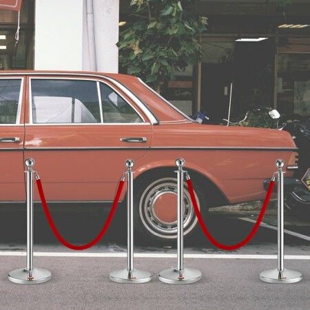 Stanchion Post with Velvet Rope 4-Pack Crowd Control Stanchion with 2PCS 5FT Red Velvet Ropes Stainless Steel Queue Barrier Line Divider with Base Ball Top