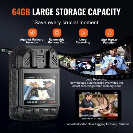 1440P HD Police Body Camera 64GB Body Cam with Audio Video Recording Picture Built-in 2850 mAh Battery 2.0" LCD Infrared Night Vision Waterproof Cam