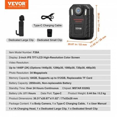 1440P HD Police Body Camera 64GB Body Cam with Audio Video Recording Picture Built-in 2850 mAh Battery 2.0" LCD Infrared Night Vision Waterproof Cam