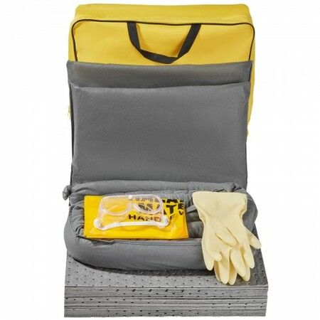 Universal Spill Kit Spill Control Supplies 43 pcs Includes 30 Universal Sorbent Pads 2 Universal Sorbent Socks 3"x4' 2 Disposal Pillows Rubber Gloves & Bag