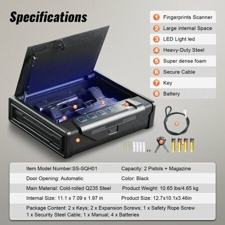 Gun Safe for Pistols Biometric Gun Safe with 3 Access Ways for 2 Pistols