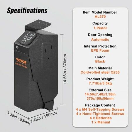 Mounted Gun Safe for Pistols Biometric Gun Safe 3 Access Ways for 1 Pistol