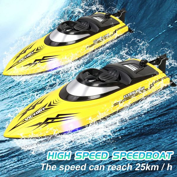 HJ811 Remote Control Boat 2.4G Water High Speed RC Speed Boat Toy Boat Night Light 25km/h Cruise Self-Tipping Toy Boat (Yellow)