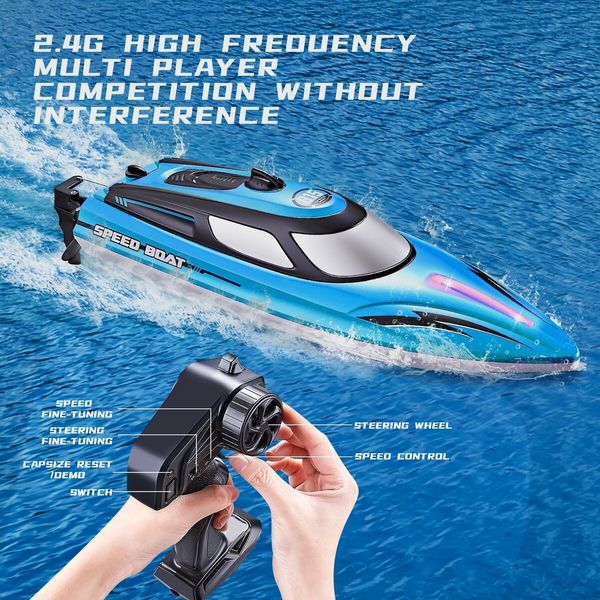 RC Boat with LED Light for Pools and Lakes, 2.4GHz Fast Remote Control Boat for Kids, Low Battery Reminder (Blue)