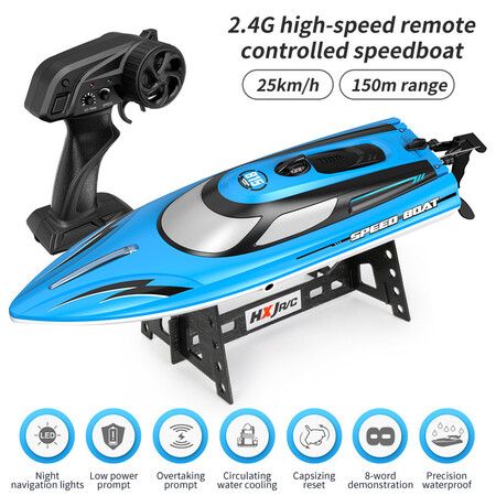 RC Boat with LED Light for Pools and Lakes, 2.4GHz Fast Remote Control Boat for Kids, Low Battery Reminder (Blue)