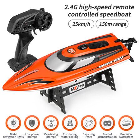 RC Boat with LED Light for Pools and Lakes, 2.4GHz Fast Remote Control Boat for Kids, Low Battery Reminder (Orange)