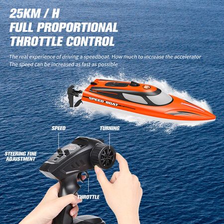 RC Boat with LED Light for Pools and Lakes, 2.4GHz Fast Remote Control Boat for Kids, Low Battery Reminder (Orange)