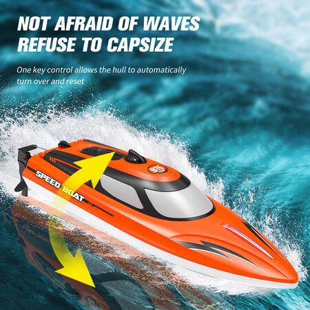 RC Boat with LED Light for Pools and Lakes, 2.4GHz Fast Remote Control Boat for Kids, Low Battery Reminder (Orange)