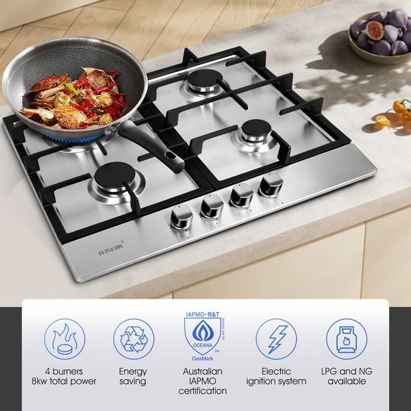 Maxkon Gas Cooktop 60cm 4 Burners Cooker Stove Top Cook Hob Stovetop Stainless Steel Surface NG LPG Auto Pulse Ignition Metal Knobs