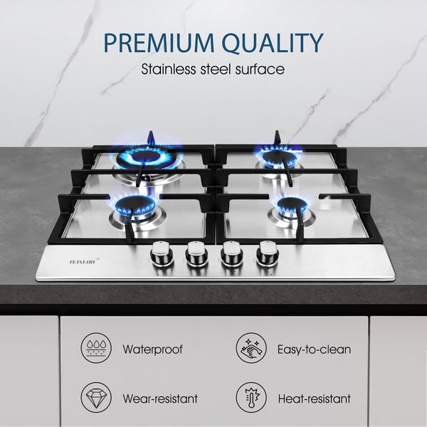 Maxkon Gas Cooktop 60cm 4 Burners Cooker Stove Top Cook Hob Stovetop Stainless Steel Surface NG LPG Auto Pulse Ignition Metal Knobs