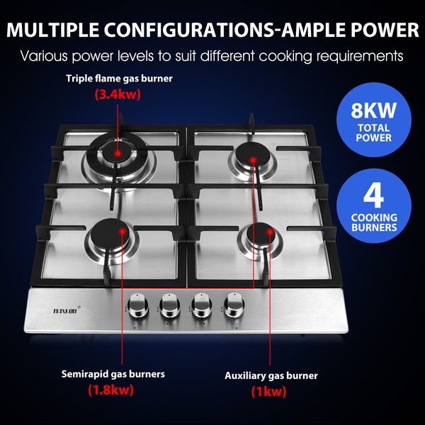 Maxkon Gas Cooktop 60cm 4 Burners Cooker Stove Top Cook Hob Stovetop Stainless Steel Surface NG LPG Auto Pulse Ignition Metal Knobs