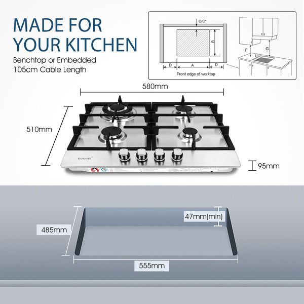 Maxkon Gas Cooktop 60cm 4 Burners Cooker Stove Top Cook Hob Stovetop Stainless Steel Surface NG LPG Auto Pulse Ignition Metal Knobs