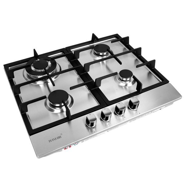 Maxkon Gas Cooktop 60cm 4 Burners Cooker Stove Top Cook Hob Stovetop Stainless Steel Surface NG LPG Auto Pulse Ignition Metal Knobs