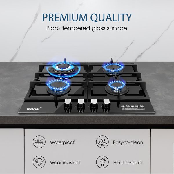 Maxkon 60cm Gas Cooktop 4 Burners Cooker Stove Cook Hob Top Black Glass Stovetop Surface NG LPG Auto Pulse Ignition Metal Knobs