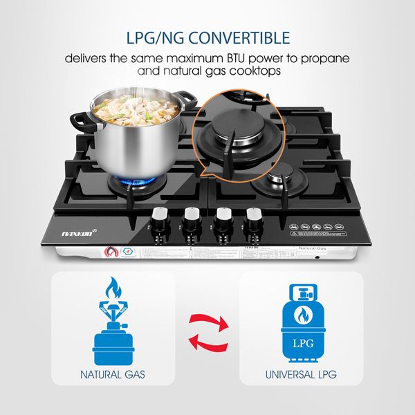 Maxkon 60cm Gas Cooktop 4 Burners Cooker Stove Cook Hob Top Black Glass Stovetop Surface NG LPG Auto Pulse Ignition Metal Knobs