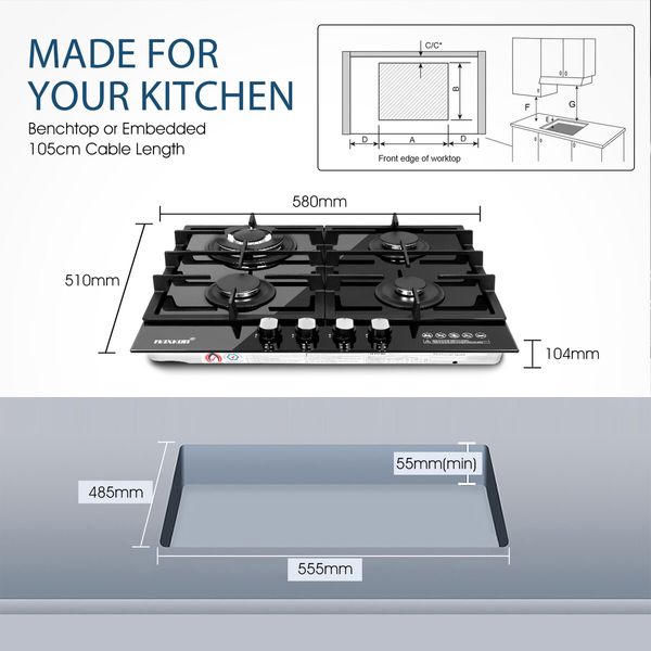 Maxkon 60cm Gas Cooktop 4 Burners Cooker Stove Cook Hob Top Black Glass Stovetop Surface NG LPG Auto Pulse Ignition Metal Knobs