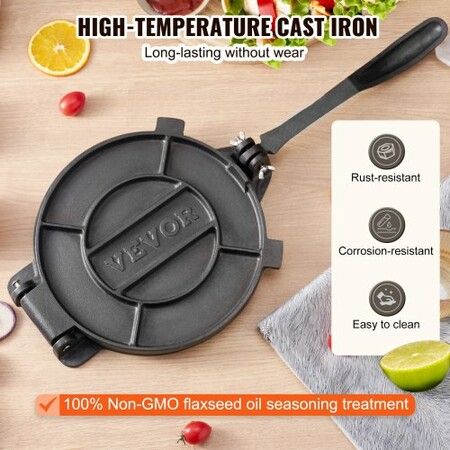 Tortilla Press 10 Inch Tortilla and Roti Maker Cast Iron Heavy Duty Tortilladora Press Pre-Seasoned Pataconera Maker w/ 100 Pcs Parchment Paper Dough Maker