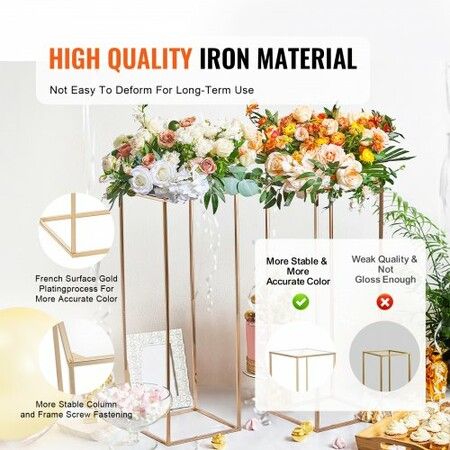 2PCS 31.5inch/80cm High Wedding Flower Stand With Acrylic LaminateMetal Vase Column Geometric Centerpiece Stands Gold Rectangular Floral Display Rack