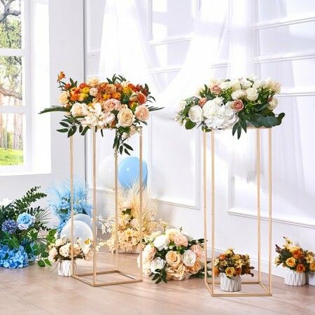 2PCS 31.5inch/80cm High Wedding Flower Stand With Acrylic LaminateMetal Vase Column Geometric Centerpiece Stands Gold Rectangular Floral Display Rack