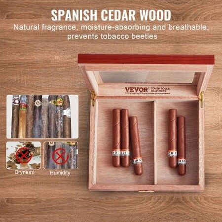 Cigar Humidor Glass Top Cigar Humidor Box Handmade Spanish Cedar Wood Cigar Desktop Box Cigar Storage Case with Humidifier Hygrometer and Divider