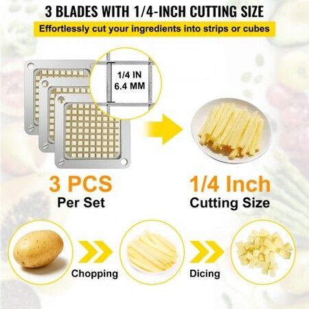 French Fry Cutter Chopper Replacement Blade & Push Block 1/4-inch 3 Pieces