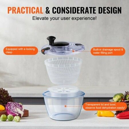 Glass Salad Spinner 4.5L One-handed Easy Press Large Vegetable Dryer Washer Lettuce Cleaner and Dryer w/ High Borosilicate Glass Bowl Lid for Greens Herbs