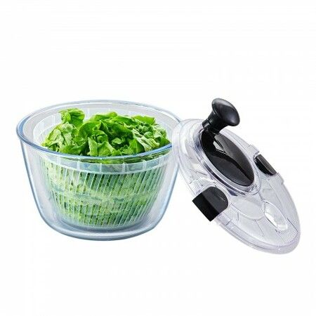 Glass Salad Spinner 4.5L One-handed Easy Press Large Vegetable Dryer Washer Lettuce Cleaner and Dryer w/ High Borosilicate Glass Bowl Lid for Greens Herbs