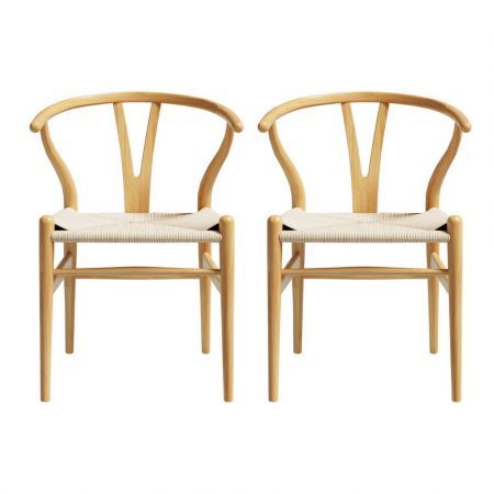 1 Set of 2 Artiss Dining Chairs Wooden Rattan Seat Wishbone Back