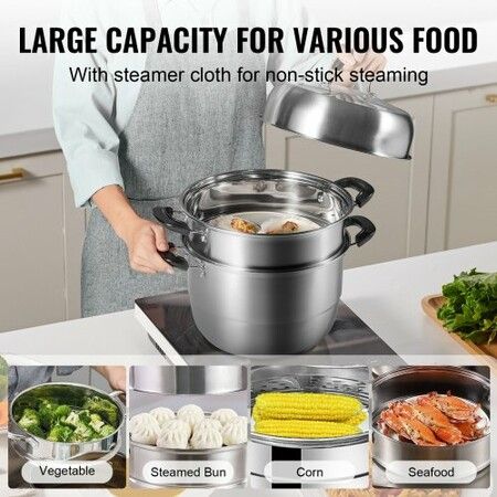 Steamer Pot 28cm Steamer Pot for Cooking w/ 8.5QT Stock Pot Vegetable Steamer & 2 Steaming Grid 3-Layer Food-Grade 304 Stainless Steel Food Steamer