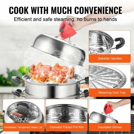 Steamer Pot 28cm Steamer Pot for Cooking w/ 8.5QT Stock Pot Vegetable Steamer & 2 Steaming Grid 3-Layer Food-Grade 304 Stainless Steel Food Steamer