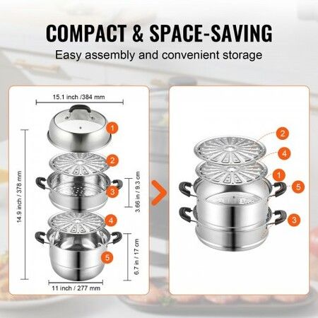 Steamer Pot 28cm Steamer Pot for Cooking w/ 8.5QT Stock Pot Vegetable Steamer & 2 Steaming Grid 3-Layer Food-Grade 304 Stainless Steel Food Steamer