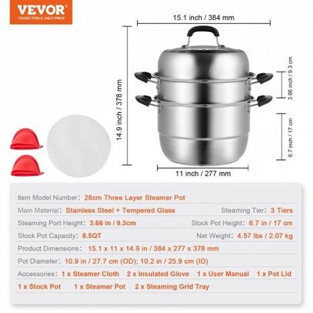 Steamer Pot 28cm Steamer Pot for Cooking w/ 8.5QT Stock Pot Vegetable Steamer & 2 Steaming Grid 3-Layer Food-Grade 304 Stainless Steel Food Steamer