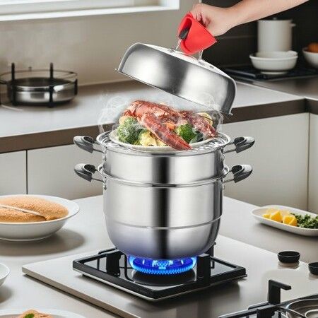 Steamer Pot 28cm Steamer Pot for Cooking w/ 8.5QT Stock Pot Vegetable Steamer & 2 Steaming Grid 3-Layer Food-Grade 304 Stainless Steel Food Steamer