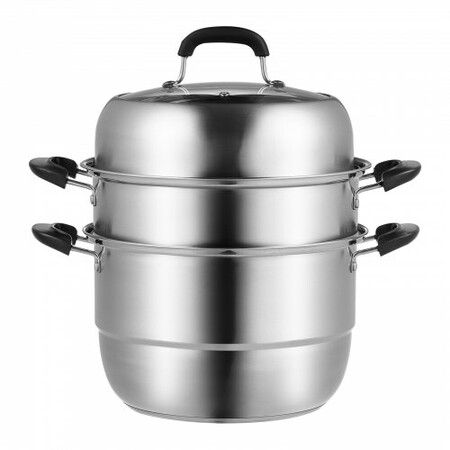 Steamer Pot 28cm Steamer Pot for Cooking w/ 8.5QT Stock Pot Vegetable Steamer & 2 Steaming Grid 3-Layer Food-Grade 304 Stainless Steel Food Steamer