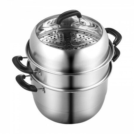 Steamer Pot 28cm Steamer Pot for Cooking w/ 8.5QT Stock Pot Vegetable Steamer & 2 Steaming Grid 3-Layer Food-Grade 304 Stainless Steel Food Steamer