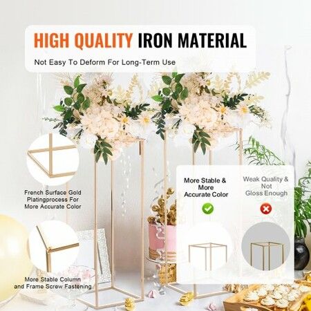 2PCS 31.5inch/80cm High Wedding Flower Stand Metal Vase Column Geometric Centerpiece Stands Gold Rectangular Floral Display Rack for T-Stage Events