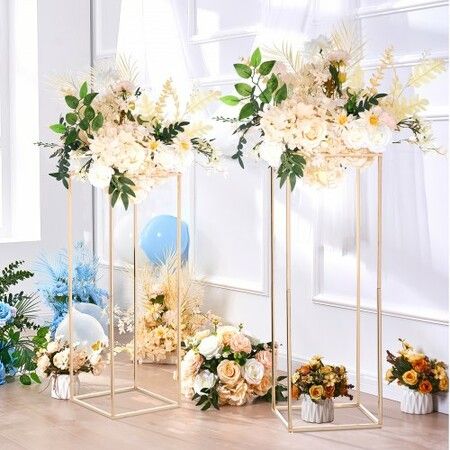 2PCS 31.5inch/80cm High Wedding Flower Stand Metal Vase Column Geometric Centerpiece Stands Gold Rectangular Floral Display Rack for T-Stage Events