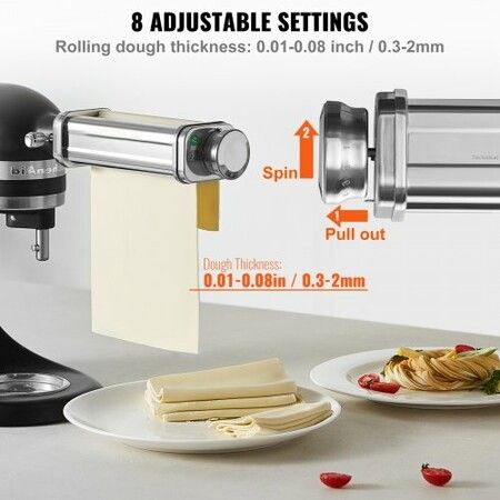 Pasta Attachment for KitchenAid Stand Mixer Stainless Steel Pasta Sheet Roller Attachment Pasta Maker Machine Accessory with 8 Adjustable Thickness Knob