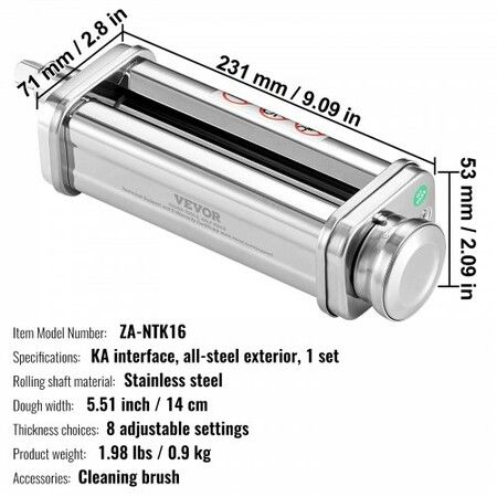 Pasta Attachment for KitchenAid Stand Mixer Stainless Steel Pasta Sheet Roller Attachment Pasta Maker Machine Accessory with 8 Adjustable Thickness Knob