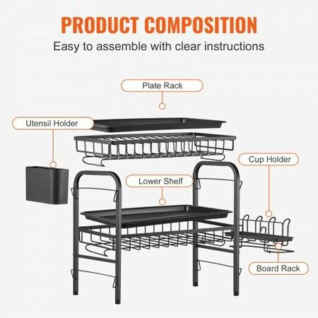 Dish Drying Rack 2 Tier Large Capacity Dish Drainers Rustproof Carbon Steel Dish Drainer with Drainboard Storage Space Saver Cup and Utensil Holder