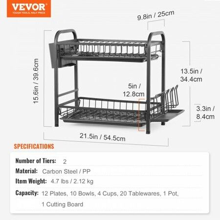 Dish Drying Rack 2 Tier Large Capacity Dish Drainers Rustproof Carbon Steel Dish Drainer with Drainboard Storage Space Saver Cup and Utensil Holder