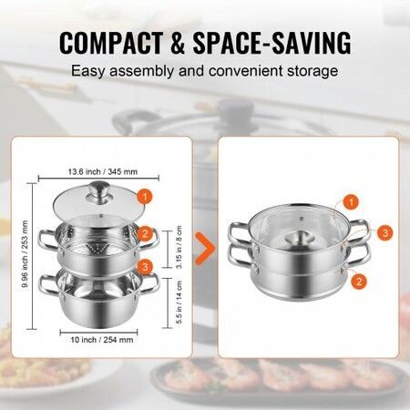 Steamer Pot 24 cm Steamer Pot for Cooking with 5QT Stock Pot and Vegetable Steamer Food-Grade 304 Stainless Steel Food Steamer Cookware with Lid