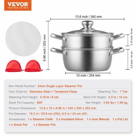 Steamer Pot 24 cm Steamer Pot for Cooking with 5QT Stock Pot and Vegetable Steamer Food-Grade 304 Stainless Steel Food Steamer Cookware with Lid