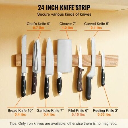 24" Magnetic Knife Storage Holder Wall Mount Knife Strip Acacia Wood